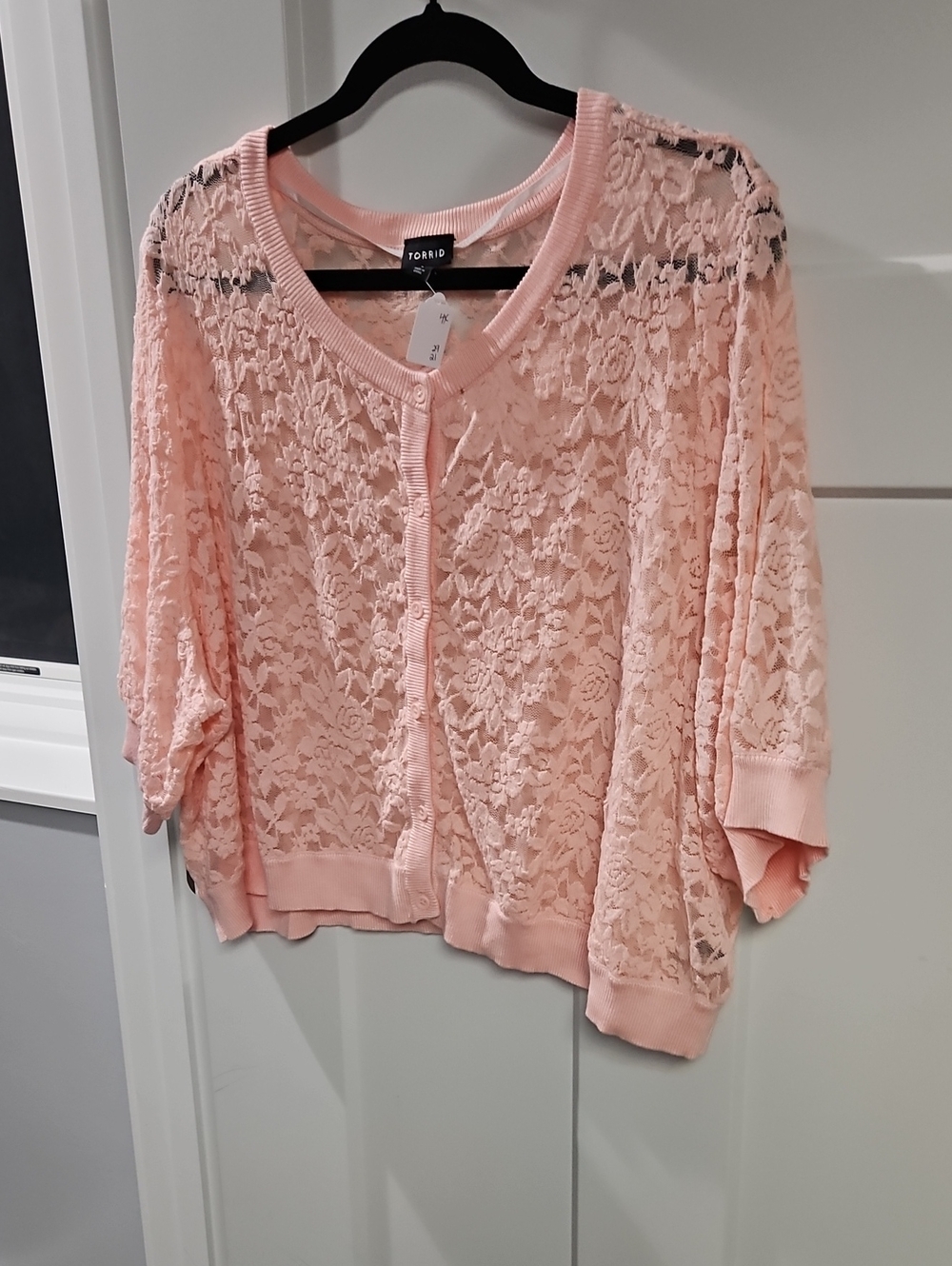 torrid Peach-Pink Lace Button-Front Cropped Cardigan